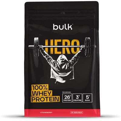 Bulk Hero Whey Protein Powder Strawberry 65 Servings 26g Protein + 3g Creatine 5g BCAAs Low Sugar Fast Absorption Isolate, Hydrolysed & Concentrate Blend Bulk Hero Whey Protein Powder Strawberry 65 Servings 26g Protein + 3g Creatine 5g BCAAs Low Sugar Fast Absorption Isolate, Hydrolysed & Concentrate Blend