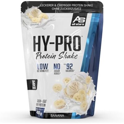 All Stars Hy-Pro Whey Protein Pulver ohne Zucker 400g Banane Cremiger Shake mit 30,7g Eiweiß pro Portion, 4 hochwertige Proteinkomponenten All Stars Hy-Pro Whey Protein Pulver ohne Zucker 400g Banane Cremiger Shake mit 30,7g Eiweiß pro Portion, 4 hochwertige Proteinkomponenten