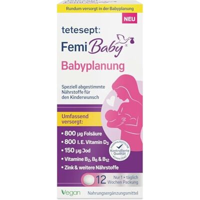 tetesept Femi Baby Babyplanung, Nahrungsergänzungsmittel, 84 Tabletten Nährstoffe für die Frau zur Unterstützung bei Kinderwunsch, mit Folsäure & Vitamin D3 & B12, Zink & Selen & Jod, vegan tetesept Femi Baby Babyplanung, Nahrungsergänzungsmittel, 84 Tabletten Nährstoffe für die Frau zur Unterstützung bei Kinderwunsch, mit Folsäure & Vitamin D3 & B12, Zink & Selen & Jod, vegan