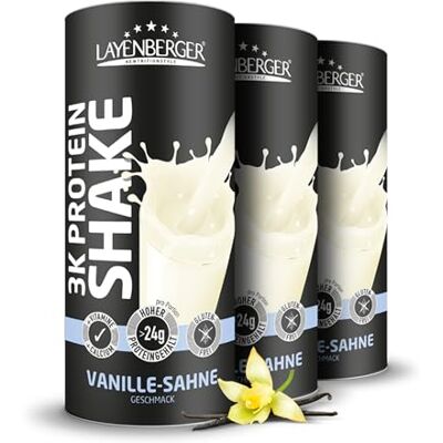 Layenberger 3K Protein Shake 79% Eiweiß und nur 4,1% Kohlenhydrate bei 7,2 g Zucker, (3x 360 g) Vanille-Sahne Layenberger 3K Protein Shake 79% Eiweiß und nur 4,1% Kohlenhydrate bei 7,2 g Zucker, (3x 360 g) Vanille-Sahne