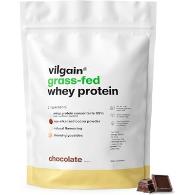 Vilgain Grass Fed Whey Protein Weidemilch Eiweißpulver 1kg Schokolade 75% Eiweißgehalt, BCAAs & Leucin, Stevia-Süße, ohne Sucralose, 95% Molkenproteinkonzentrat, 4% Kakao, vegetarisch Vilgain Grass Fed Whey Protein Weidemilch Eiweißpulver 1kg Schokolade 75% Eiweißgehalt, BCAAs & Leucin, Stevia-Süße, ohne Sucralose, 95% Molkenproteinkonzentrat, 4% Kakao, vegetarisch