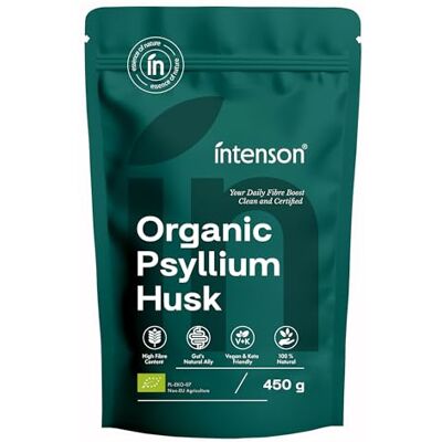 Intenson Flohsamenschalen Bio, 450 g, EU-zertifiziert Bio, Ballaststoffreich, 100 % Natürlich, Vegan und Keto-geeignet, Glutenfrei, Ohne Zusatzstoffe Intenson Flohsamenschalen Bio, 450 g, EU-zertifiziert Bio, Ballaststoffreich, 100 % Natürlich, Vegan und Keto-geeignet, Glutenfrei, Ohne Zusatzstoffe