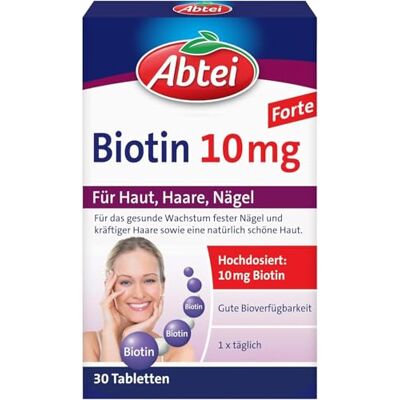 Abtei Biotin 10 mg Forte – hochdosierte Biotin-Tabletten – für schöne Haut, Haare und Nägel – zur Vorbeugung von Biotinmangel – vegetarisch – 30 Tabletten Abtei Biotin 10 mg Forte – hochdosierte Biotin-Tabletten – für schöne Haut, Haare und Nägel – zur Vorbeugung von Biotinmangel – vegetarisch – 30 Tabletten