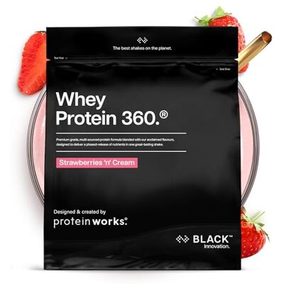 THE PROTEIN WORKS Protein Works Whey Protein 360 BLACK Innovation, Whey Protein Pulver, Premium-Qualität, Tri-Protein-Mix, Ohne Zuckerzusatz, Komplettes Aminosäureprofil, Erdbeer-Sahne, 40 Portionen, 1.2kg THE PROTEIN WORKS Protein Works Whey Protein 360 BLACK Innovation, Whey Protein Pulver, Premium-Qualität, Tri-Protein-Mix, Ohne Zuckerzusatz, Komplettes Aminosäureprofil, Erdbeer-Sahne, 40 Portionen, 1.2kg