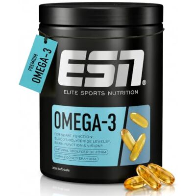 ESN Omega-3 hochdosiert mit 1200 mg EPA und 900 mg DHA pro Tagesportion ohne fischigen Nachgeschmack getestet auf Schwermetalle 300 Kapseln, 100 Portionen ESN Omega-3 hochdosiert mit 1200 mg EPA und 900 mg DHA pro Tagesportion ohne fischigen Nachgeschmack getestet auf Schwermetalle 300 Kapseln, 100 Portionen
