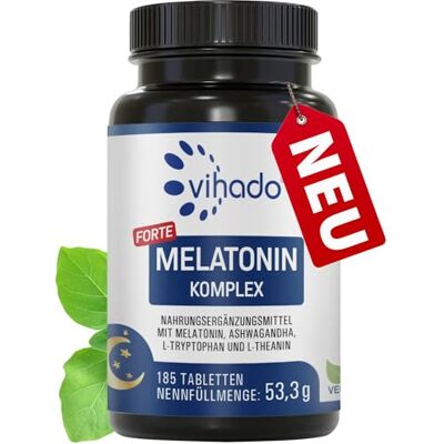Vihado Melatonin Tabletten hochdosiert 370 Nächte FORTE Komplex vegan Rein ohne Zusätze Plus L-Theanin, L-Tryptophan, Ashwagandha, 185 Tabletten,Melatonin,1 Vihado Melatonin Tabletten hochdosiert 370 Nächte FORTE Komplex vegan Rein ohne Zusätze Plus L-Theanin, L-Tryptophan, Ashwagandha, 185 Tabletten,Melatonin,1