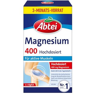 Abtei Magnesium 400 Magnesiumtabletten zur Unterstützung der gesunden Muskelfunktion hochdosiert, 400 mg Magnesium glutenfrei, laktosefrei, vegan Vorratspackung für 3 Monate, 90 Tabletten Abtei Magnesium 400 Magnesiumtabletten zur Unterstützung der gesunden Muskelfunktion hochdosiert, 400 mg Magnesium glutenfrei, laktosefrei, vegan Vorratspackung für 3 Monate, 90 Tabletten
