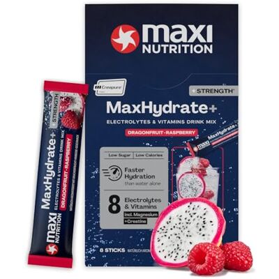 MaxiNutrition MaxNutrition MaxHydrate+ Strength Elektrolyte 8 Sticks á 1.469 mg Elektrolyten & 3 g Kreatin, Isotonisches Getränkepulver zur besseren Versorgung mit Flüssigkeit, Dragonfruit Raspberry, Vitamin Drink MaxiNutrition MaxNutrition MaxHydrate+ Strength Elektrolyte 8 Sticks á 1.469 mg Elektrolyten & 3 g Kreatin, Isotonisches Getränkepulver zur besseren Versorgung mit Flüssigkeit, Dragonfruit Raspberry, Vitamin Drink