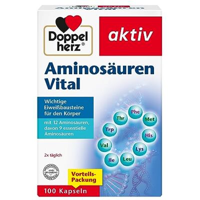 Doppelherz Aminosäuren Vital 12 Eiweiß-Bausteine, darunter alle 9 essentiellen Aminosäuren, für Sportler und körperlich Aktive 100 Kapseln Doppelherz Aminosäuren Vital 12 Eiweiß-Bausteine, darunter alle 9 essentiellen Aminosäuren, für Sportler und körperlich Aktive 100 Kapseln