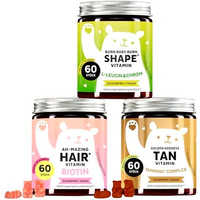 Bears with Benefits Gummibärchen Für Haare, Bräune und Figur 3x60 Stück Trio Pack Biotin für Haare, Kupfer für Hautpigmentierung, Chrom für Stoffwechsel Zuckerfrei, Vegan Bears with Benefits Gummibärchen Für Haare, Bräune und Figur 3x60 Stück Trio Pack Biotin für Haare, Kupfer für Hautpigmentierung, Chrom für Stoffwechsel Zuckerfrei, Vegan