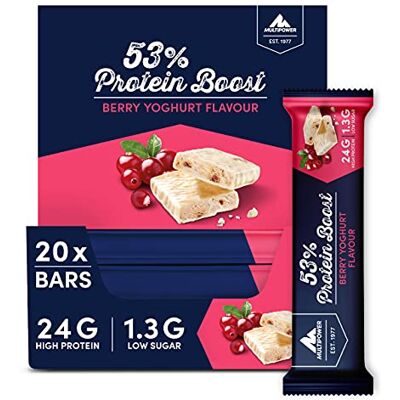 Multipower 53% Protein Boost – 20 x 45 g Protein Riegel Berry Yoghurt mit 53% hochwertigem Protein – 24 g Eiweiß und 1,6 g Zucker je Eiweißriegel Multipower 53% Protein Boost – 20 x 45 g Protein Riegel Berry Yoghurt mit 53% hochwertigem Protein – 24 g Eiweiß und 1,6 g Zucker je Eiweißriegel