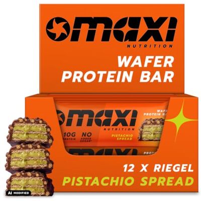 MaxiNutrition Pistachio Spread Protein Waffle Bar, 26% Eiweiß, 199 kcal, (12 Eiweißriegel x 39g), Ohne Zuckerzusatz MaxiNutrition Pistachio Spread Protein Waffle Bar, 26% Eiweiß, 199 kcal, (12 Eiweißriegel x 39g), Ohne Zuckerzusatz