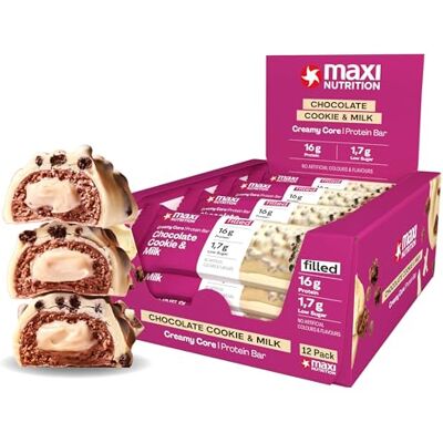 MaxiNutrition Creamy Core Bar Chocolate Cookie & Milk, 12x45g Filled-Protein-Riegel, 36% Eiweißgehalt 16g je Riegel, low Sugar (3,7g), ohne Zuckerzusatz, ohne künstliche Aromen MaxiNutrition Creamy Core Bar Chocolate Cookie & Milk, 12x45g Filled-Protein-Riegel, 36% Eiweißgehalt 16g je Riegel, low Sugar (3,7g), ohne Zuckerzusatz, ohne künstliche Aromen