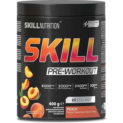 SKILL NUTRITION Pre-Workout Pfirsich No-Crash-Formel mit Koffein mit verlängerter Freisetzung Enthält Xtenergy®, TheaGreen™, Vitacholine®, Astragin® Vegan B-Vitamine, Citrullin, Beta-Alanin SKILL NUTRITION Pre-Workout Pfirsich No-Crash-Formel mit Koffein mit verlängerter Freisetzung Enthält Xtenergy®, TheaGreen™, Vitacholine®, Astragin® Vegan B-Vitamine, Citrullin, Beta-Alanin