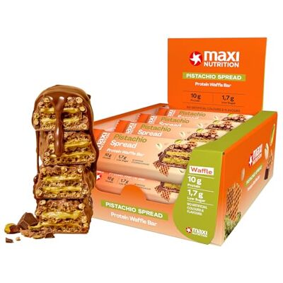 MaxiNutrition Pistachio Spread Protein Waffle Bar, 26% Eiweiß, 199 kcal, (12 Eiweißriegel x 39g), Ohne Zuckerzusatz MaxiNutrition Pistachio Spread Protein Waffle Bar, 26% Eiweiß, 199 kcal, (12 Eiweißriegel x 39g), Ohne Zuckerzusatz