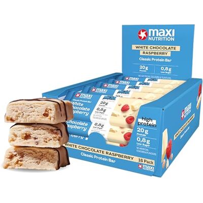 MaxiNutrition Classic Protein Bar White Chocolate Raspberry 16 x 40g Protein Riegel mit 50% Eiweiß, 20 g Protein pro Riegel, low sugar 0,8 g, ohne Zuckerzusatz, ohne künstliche Aromen (16er Pack) MaxiNutrition Classic Protein Bar White Chocolate Raspberry 16 x 40g Protein Riegel mit 50% Eiweiß, 20 g Protein pro Riegel, low sugar 0,8 g, ohne Zuckerzusatz, ohne künstliche Aromen (16er Pack)