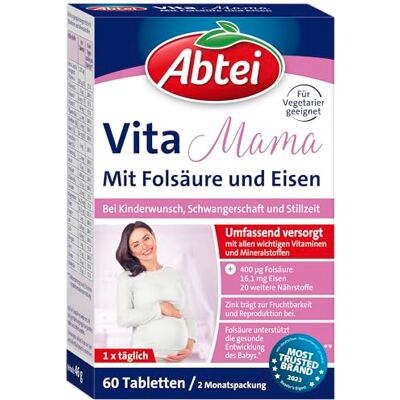 Abtei Vita Mama Nahrungsergänzungsmittel bei Kinderwunsch, Schwangerschaft und Stillzeit mit allen wichtigen Vitaminen und Mineralstoffen vegetarisch – 1 x 60 Tabletten Abtei Vita Mama Nahrungsergänzungsmittel bei Kinderwunsch, Schwangerschaft und Stillzeit mit allen wichtigen Vitaminen und Mineralstoffen vegetarisch – 1 x 60 Tabletten