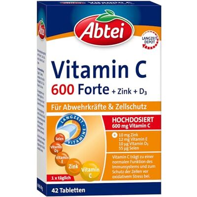Abtei Vitamin C 600 Forte Vitamin C Tabletten mit Zink & D3-42 St. Vitamin C 600 mg hochdosiert für Abwehrkräfte & Zellschutz, Immun-Kombi mit Depo-Technologie & Langzeit-Effekt, vegetarisch Abtei Vitamin C 600 Forte Vitamin C Tabletten mit Zink & D3-42 St. Vitamin C 600 mg hochdosiert für Abwehrkräfte & Zellschutz, Immun-Kombi mit Depo-Technologie & Langzeit-Effekt, vegetarisch
