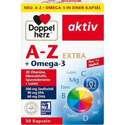 Doppelherz A-Z + Omega-3 Extra 20 Vitamine, Mineralstoffe & Spurenelemente + Omega-3 + Lutein Nur 1 Kapsel täglich 30 Kapseln Doppelherz A-Z + Omega-3 Extra 20 Vitamine, Mineralstoffe & Spurenelemente + Omega-3 + Lutein Nur 1 Kapsel täglich 30 Kapseln