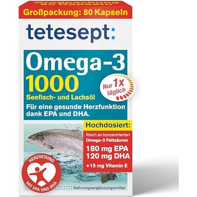 tetesept Omega-3 1000 – 80 Kapseln aus Seefisch- & Lachsöl, plus 15 mg Vitamin E tetesept Omega-3 1000 – 80 Kapseln aus Seefisch- & Lachsöl, plus 15 mg Vitamin E