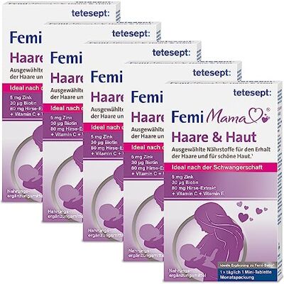 tetesept Femi Mama Haare & Haut, Nahrungsergänzungsmittel, 5 x 30 Tabletten Ausgewählte Nährstoffe für kräftige Haare & schöne Haut, mit Zink & Biotin, nach der Schwangerschaft, vegan & glutenfrei tetesept Femi Mama Haare & Haut, Nahrungsergänzungsmittel, 5 x 30 Tabletten Ausgewählte Nährstoffe für kräftige Haare & schöne Haut, mit Zink & Biotin, nach der Schwangerschaft, vegan & glutenfrei