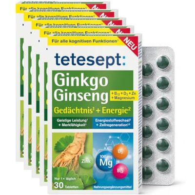 tetesept Ginkgo Ginseng, Nahrungsergänzungsmittel, 5 x 30 Tabletten Gedächtnis & Energie, Ginkgo Biloba & Panax Ginseng Extrakt, Vitamin B12 & D3, Magnesium & Zink, 1x täglich tetesept Ginkgo Ginseng, Nahrungsergänzungsmittel, 5 x 30 Tabletten Gedächtnis & Energie, Ginkgo Biloba & Panax Ginseng Extrakt, Vitamin B12 & D3, Magnesium & Zink, 1x täglich