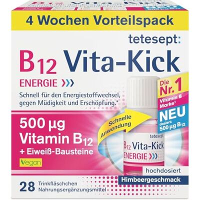 tetesept B12 Vita-Kick Trinkampullen, 28 Trinkfläschchen x 10 ml Nahrungsergänzungsmittel mit 500 µg Vitamin B12 pro Ampulle, für Energie & Leistungsfähigkeit, vegan, laktose- & glutenfrei tetesept B12 Vita-Kick Trinkampullen, 28 Trinkfläschchen x 10 ml Nahrungsergänzungsmittel mit 500 µg Vitamin B12 pro Ampulle, für Energie & Leistungsfähigkeit, vegan, laktose- & glutenfrei
