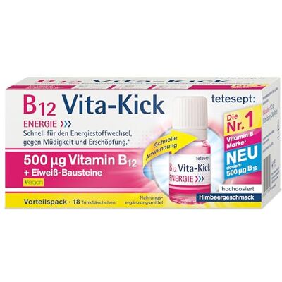 tetesept B12 Vita-Kick Trinkampullen, 500 µg Vitamin B12, 18 Fläschchen Nahrungsergänzungsmittel gegen Müdigkeit & Erschöpfung, mit Niacin & Aminosäuren, vegan, gluten- & laktosefrei tetesept B12 Vita-Kick Trinkampullen, 500 µg Vitamin B12, 18 Fläschchen Nahrungsergänzungsmittel gegen Müdigkeit & Erschöpfung, mit Niacin & Aminosäuren, vegan, gluten- & laktosefrei