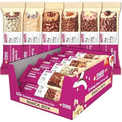 MaxiNutrition Creamy Core Bar MIX BOX, 6 Sorten (12 Riegel x 45 g), Jede Sorte enthält mindestens 14 g Eiweiß pro Riegel, Low Sugar, ohne Zuckerzusatz, ohne künstliche Aromen MaxiNutrition Creamy Core Bar MIX BOX, 6 Sorten (12 Riegel x 45 g), Jede Sorte enthält mindestens 14 g Eiweiß pro Riegel, Low Sugar, ohne Zuckerzusatz, ohne künstliche Aromen