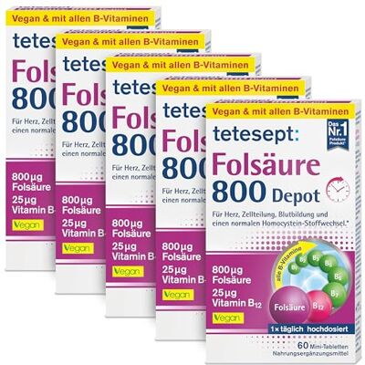 tetesept Folsäure 800 Depot, Minitabletten, 5 x 60 Stück Depot-Technologie, alle B-Vitamine für eine Rundumversorgung, vegan, glutenfrei & laktosefrei tetesept Folsäure 800 Depot, Minitabletten, 5 x 60 Stück Depot-Technologie, alle B-Vitamine für eine Rundumversorgung, vegan, glutenfrei & laktosefrei
