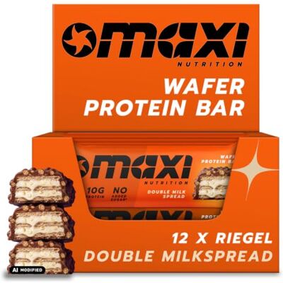MaxiNutrition Double Milk Spread Protein Waffle Bar, 26% Eiweiß, 191 kcal, (12 Eiweißriegel x 39g), Ohne Zuckerzusatz MaxiNutrition Double Milk Spread Protein Waffle Bar, 26% Eiweiß, 191 kcal, (12 Eiweißriegel x 39g), Ohne Zuckerzusatz