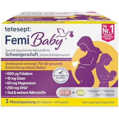 tetesept Femi Baby, Nahrungsergänzungsmittel, 90 Tabletten + 90 Kapseln 16 Nährstoffe für Kinderwunsch, Schwangerschaft & Stillzeit, mit Folsäure, Eisen, Jod & DHA, 3 Monatspackung tetesept Femi Baby, Nahrungsergänzungsmittel, 90 Tabletten + 90 Kapseln 16 Nährstoffe für Kinderwunsch, Schwangerschaft & Stillzeit, mit Folsäure, Eisen, Jod & DHA, 3 Monatspackung