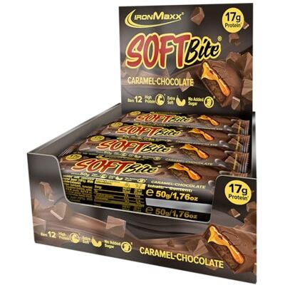 IronMaxx SoftBite Proteinriegel Chocolate Caramel – 12 x 50 g Extra softe Konsistenz Hoher Protein- und Ballaststoffgehalt Ohne Zuckerzusatz Ideal für unterwegs IronMaxx SoftBite Proteinriegel Chocolate Caramel – 12 x 50 g Extra softe Konsistenz Hoher Protein- und Ballaststoffgehalt Ohne Zuckerzusatz Ideal für unterwegs