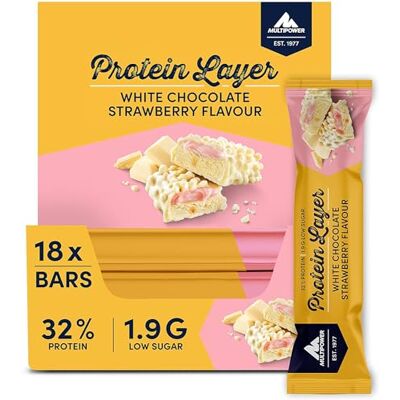 Multipower Protein Layer Bar Energieriegel mit 32% Protein – Fitnessriegel 18 x 50 g – Proteinriegel als Sport-Snack – Eiweißriegel mit White Chocolate Strawberry Geschmack Multipower Protein Layer Bar Energieriegel mit 32% Protein – Fitnessriegel 18 x 50 g – Proteinriegel als Sport-Snack – Eiweißriegel mit White Chocolate Strawberry Geschmack
