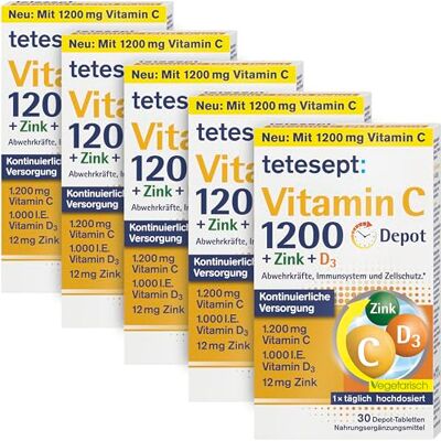 tetesept Vitamin C 1200 + Zink + D3, 5 x 30 Tabletten Nahrungsergänzungsmittel unterstützt Immunsystem, Zellschutz & Knochen, Depot-Effekt, laktose- & glutenfrei, vegetarisch tetesept Vitamin C 1200 + Zink + D3, 5 x 30 Tabletten Nahrungsergänzungsmittel unterstützt Immunsystem, Zellschutz & Knochen, Depot-Effekt, laktose- & glutenfrei, vegetarisch