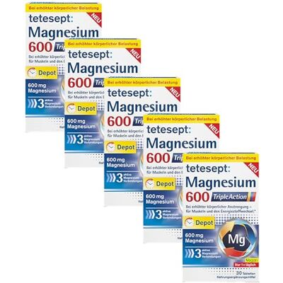 tetesept Magnesium 600 Triple Action, Tabletten, 5 x 30 Stück Depot-Formulierung, drei Magnesiumverbindungen, extra hochdosiert, für Muskeln & Energiestoffwechsel, vegan tetesept Magnesium 600 Triple Action, Tabletten, 5 x 30 Stück Depot-Formulierung, drei Magnesiumverbindungen, extra hochdosiert, für Muskeln & Energiestoffwechsel, vegan