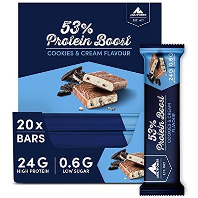 Multipower 53% Protein Boost – 20 x 45 g Protein Riegel Cookies & Cream mit 53% hochwertigem Protein – 24 g Eiweiß und 1,3 g Zucker je Eiweißriegel Multipower 53% Protein Boost – 20 x 45 g Protein Riegel Cookies & Cream mit 53% hochwertigem Protein – 24 g Eiweiß und 1,3 g Zucker je Eiweißriegel