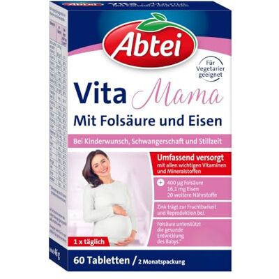 Abtei Vita Mama Kinderwunschvitamine mit Folsäure vegetarisch 60 St. Tabletten bei Kinderwunsch, Schwangerschaft & Stillzeit, 22 Nährstoffe zur Unterstützung der Fruchtbarkeit, mit Eisen & Zink Abtei Vita Mama Kinderwunschvitamine mit Folsäure vegetarisch 60 St. Tabletten bei Kinderwunsch, Schwangerschaft & Stillzeit, 22 Nährstoffe zur Unterstützung der Fruchtbarkeit, mit Eisen & Zink