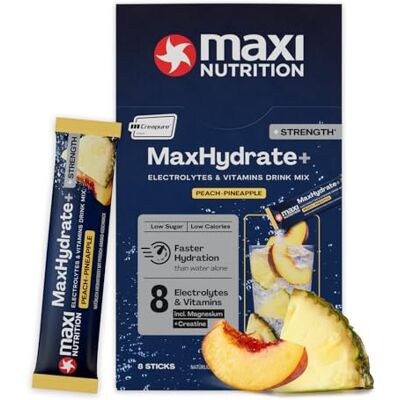 MaxiNutrition MaxNutrition MaxHydrate+ Strength Elektrolyte 8 Sticks á 1.469 mg Elektrolyten & 3 g Kreatin, Isotonisches Getränkepulver zur besseren Versorgung mit Flüssigkeit, Peach Pineapple, Vitamin Drink MaxiNutrition MaxNutrition MaxHydrate+ Strength Elektrolyte 8 Sticks á 1.469 mg Elektrolyten & 3 g Kreatin, Isotonisches Getränkepulver zur besseren Versorgung mit Flüssigkeit, Peach Pineapple, Vitamin Drink
