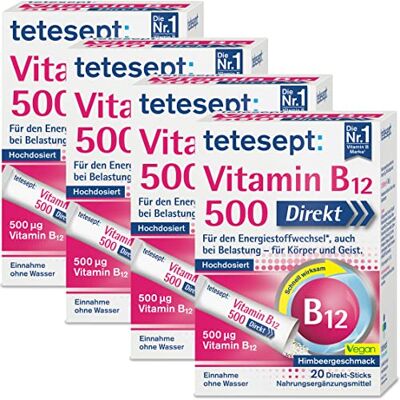 tetesept Vitamin B12 500 Direkt, Mikro-Granulat, 4 x 20 Direkt-Sticks Nahrungsergänzungsmittel für den Energiestoffwechsel, hochdosiert, Einnahme ohne Wasser, vegan tetesept Vitamin B12 500 Direkt, Mikro-Granulat, 4 x 20 Direkt-Sticks Nahrungsergänzungsmittel für den Energiestoffwechsel, hochdosiert, Einnahme ohne Wasser, vegan