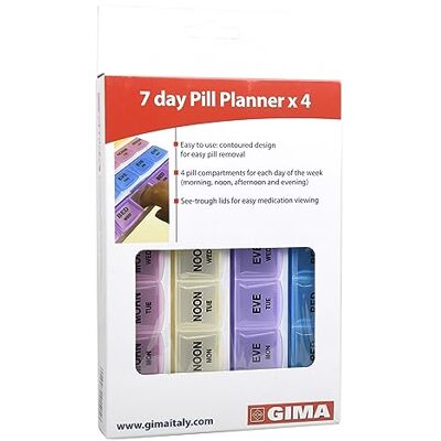 GIMA Pillenhalter Wöchentlich, 7 Fächer mit Tagen in englischer Sprache und 4 verschiedene Farbräume für Morgen, Mittag, Nachmittag und Abend, aus widerstandsfähigem Kunststoff, 41505 GIMA Pillenhalter Wöchentlich, 7 Fächer mit Tagen in englischer Sprache und 4 verschiedene Farbräume für Morgen, Mittag, Nachmittag und Abend, aus widerstandsfähigem Kunststoff, 41505