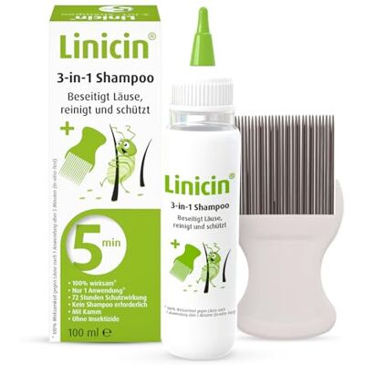 Linicin 3-in-1 Shampoo (100 ml) Beseitigt Läuse, reinigt und schützt, inkl. Läusekamm 100% Wirksamkeit gegen Läuse nach 1 Anwendung über 5 Minuten Linicin 3-in-1 Shampoo (100 ml) Beseitigt Läuse, reinigt und schützt, inkl. Läusekamm 100% Wirksamkeit gegen Läuse nach 1 Anwendung über 5 Minuten