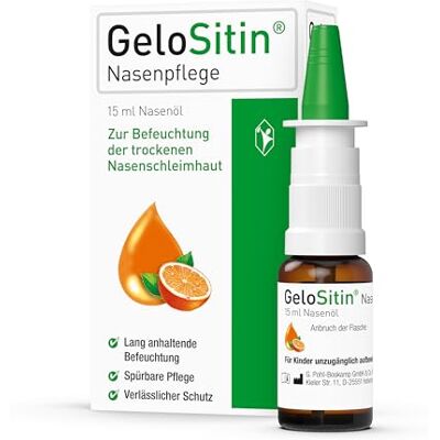 GeloSitin Nasenpflege: Nasenöl für lang anhaltende Befeuchtung bei trockener Nasenschleimhaut, entfernt schonend Krusten und Borken, mit hochreinem Sesamöl, Orangen- und Zitronenöl, 15 ml GeloSitin Nasenpflege: Nasenöl für lang anhaltende Befeuchtung bei trockener Nasenschleimhaut, entfernt schonend Krusten und Borken, mit hochreinem Sesamöl, Orangen- und Zitronenöl, 15 ml