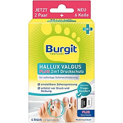 Burgit Hallux Valgus Plus 2in1 Druckschutz · · Für schmerzfreies Laufen · 2 Paar = 4x Gelpolster + 6x Keile Burgit Hallux Valgus Plus 2in1 Druckschutz · · Für schmerzfreies Laufen · 2 Paar = 4x Gelpolster + 6x Keile