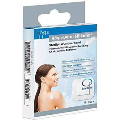 Höga -Derm Silikofix® 3,8cm x 3,8cm, 5 Stück. Steriler Wundverband mit moderner Silikonbeschichtung für ein sanftes Entfernen. 14 g Höga -Derm Silikofix® 3,8cm x 3,8cm, 5 Stück. Steriler Wundverband mit moderner Silikonbeschichtung für ein sanftes Entfernen. 14 g