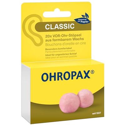 OHROPAX Classic Ohrstöpsel – VOR-Ohr-Stöpsel zum Schutz vor Lärm, Nässe und Wind – aus formbarem, anschmiegsamen Wachs – bequem und für alle Ohren geeignet – Schalldämmwert SNR 21 dB – 20 Stück OHROPAX Classic Ohrstöpsel – VOR-Ohr-Stöpsel zum Schutz vor Lärm, Nässe und Wind – aus formbarem, anschmiegsamen Wachs – bequem und für alle Ohren geeignet – Schalldämmwert SNR 21 dB – 20 Stück