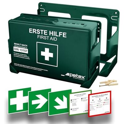 PETEX Betriebsverbandkasten Standard grün DIN 13157 Wandhalterung inkl., 5x Aufkleber, Erste-Hilfe-Koffer, für Betrieb, Büro, Baustellen PETEX Betriebsverbandkasten Standard grün DIN 13157 Wandhalterung inkl., 5x Aufkleber, Erste-Hilfe-Koffer, für Betrieb, Büro, Baustellen