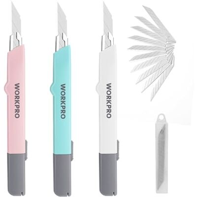 WORKPRO 3 Stück Cuttermesser Set 9mm, Cuttermesser profi mit 10 Abbrechklingen, Einziehbarer Universalmesser Teppichmesser, Perfektes Messer für Büro und Haushalt, Dreifarbiges Set WORKPRO 3 Stück Cuttermesser Set 9mm, Cuttermesser profi mit 10 Abbrechklingen, Einziehbarer Universalmesser Teppichmesser, Perfektes Messer für Büro und Haushalt, Dreifarbiges Set