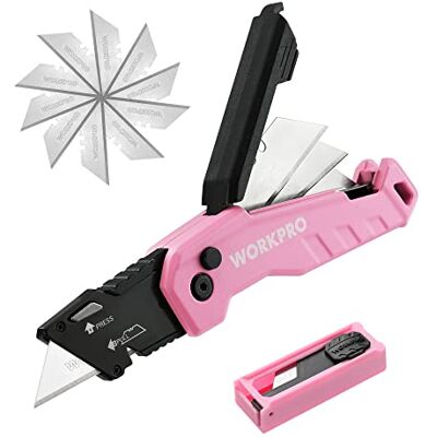 WORKPRO Teppichmesser aus Aluminium, Faltbares Universalmesser Cuttermesser mit Schnellwechselklinge und Gürtelclip, Klingenaufbewahrung, Safety-Lock-Design, mit 13 zusätzlichen Klingen, Rosa WORKPRO Teppichmesser aus Aluminium, Faltbares Universalmesser Cuttermesser mit Schnellwechselklinge und Gürtelclip, Klingenaufbewahrung, Safety-Lock-Design, mit 13 zusätzlichen Klingen, Rosa