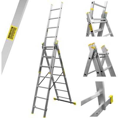 BAYERSYSTEM LADDER LEITER ÉCHELLE DRABINA Bayersystem BS-DW 3x7 Mehrzweckleiter, 3x7 Sprossen, 3-teilige Alu-Kombileiter, bis 150 kg belastbar, max. Arbeitshöhe 4,78 m, Klappleiter, Multifunktionsleiter, Stehleiter, Silber/Gelb BAYERSYSTEM LADDER LEITER ÉCHELLE DRABINA Bayersystem BS-DW 3x7 Mehrzweckleiter, 3x7 Sprossen, 3-teilige Alu-Kombileiter, bis 150 kg belastbar, max. Arbeitshöhe 4,78 m, Klappleiter, Multifunktionsleiter, Stehleiter, Silber/Gelb